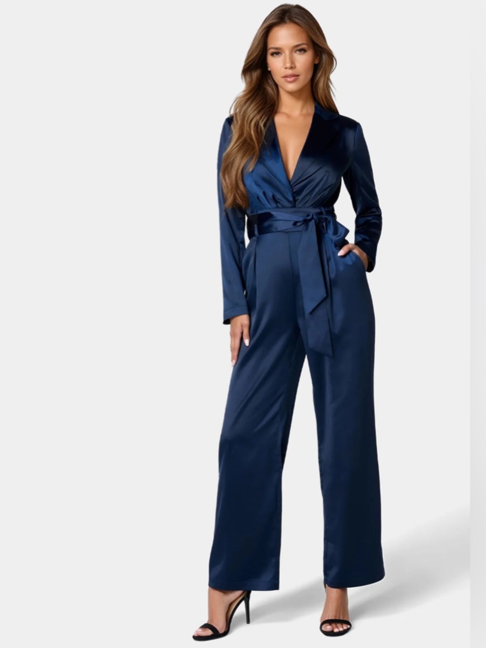 bebe Satin Navy Wrap Jumpsuit with Tie Belt
